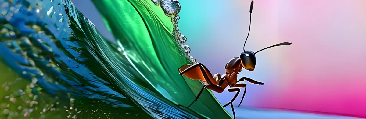 Un dessin de fourmi faisant du surf sur l'eau.