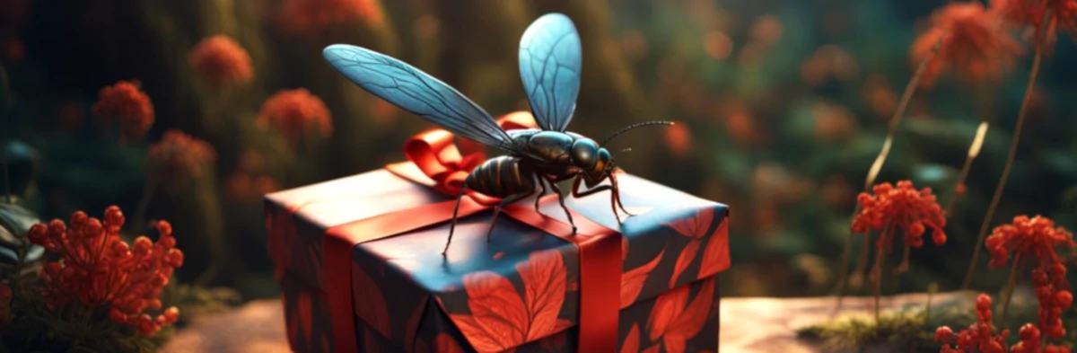 Un insecte imaginaire dessiné par intelligence artificielle et ressemblant à une mouche posé sur un cadeau emballé. Photo d'illustration pour l'article sur les idées cadeaux sur le thème des insectes.