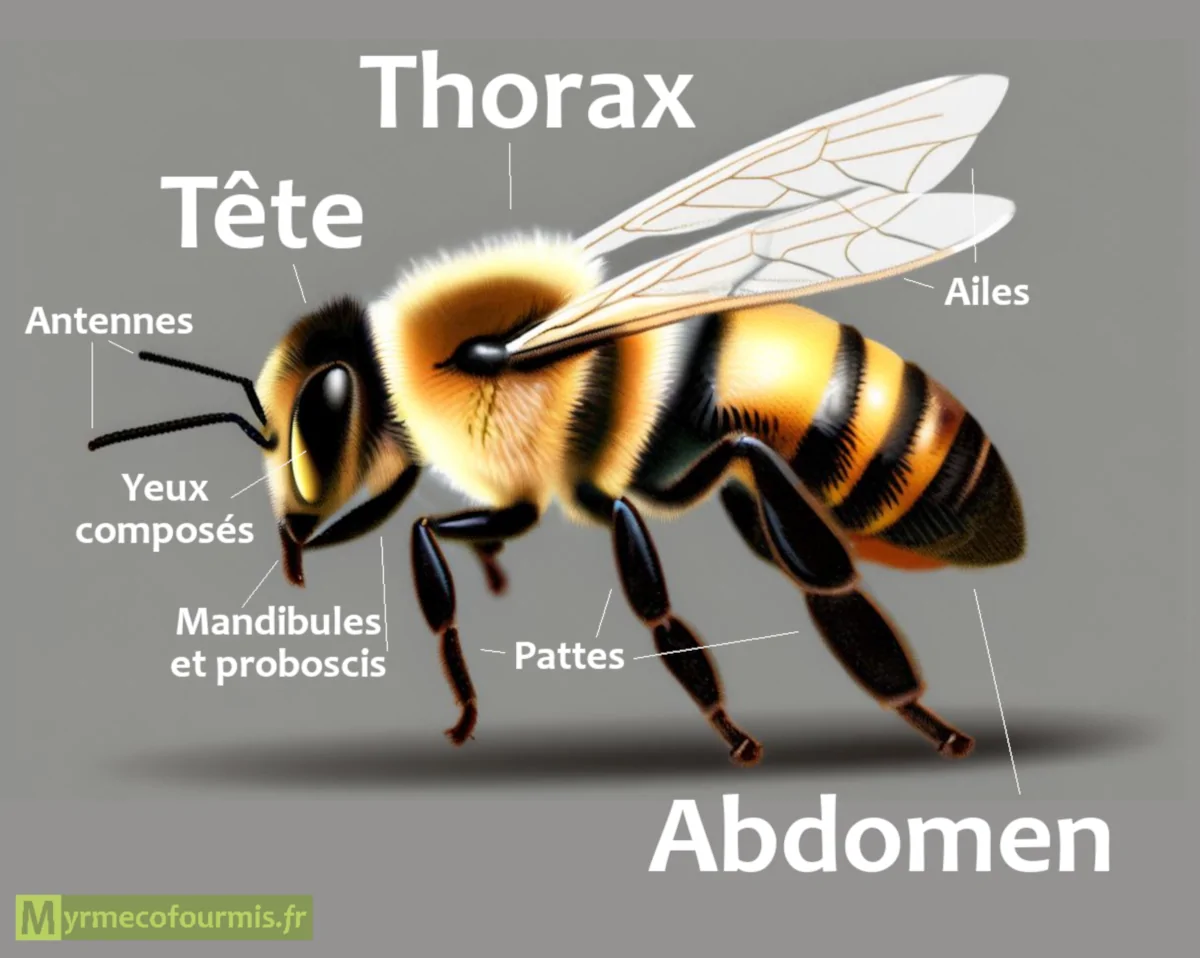 Dessin réaliste de l'anatomie/morphologie d'une abeille sociale Apis mellifera .