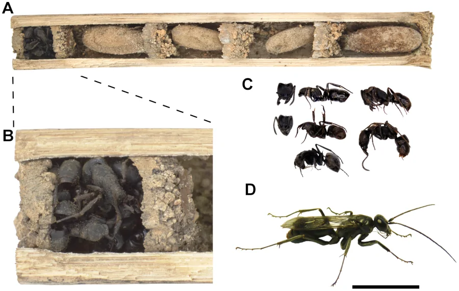 Figure montrant le nid d'une guêpe. L'entrée est une chambre pleine de fourmis mortes, les autres salles contiennent des cocons de guêpes. La guêpe et les fourmis mortes sont aussi photographiées de profil sur fond blanc.