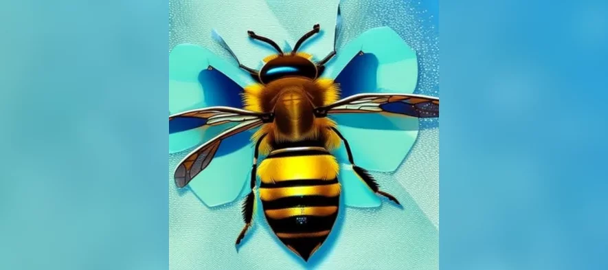 Un dessin d'une abeille sur fond bleu.