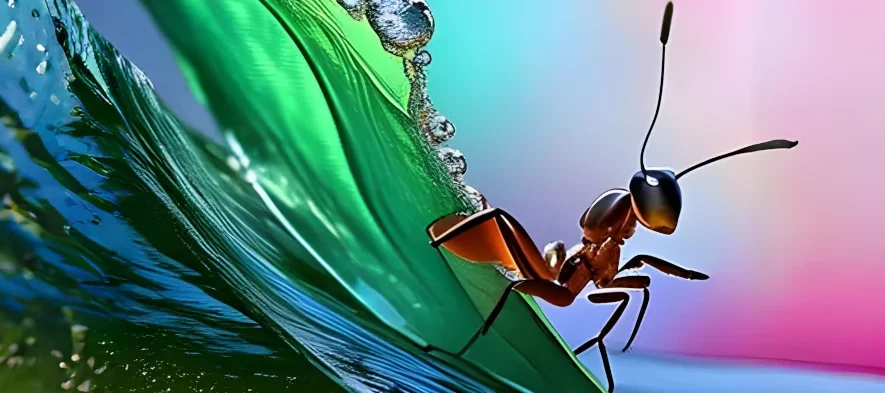 Un dessin de fourmi faisant du surf sur l'eau.
