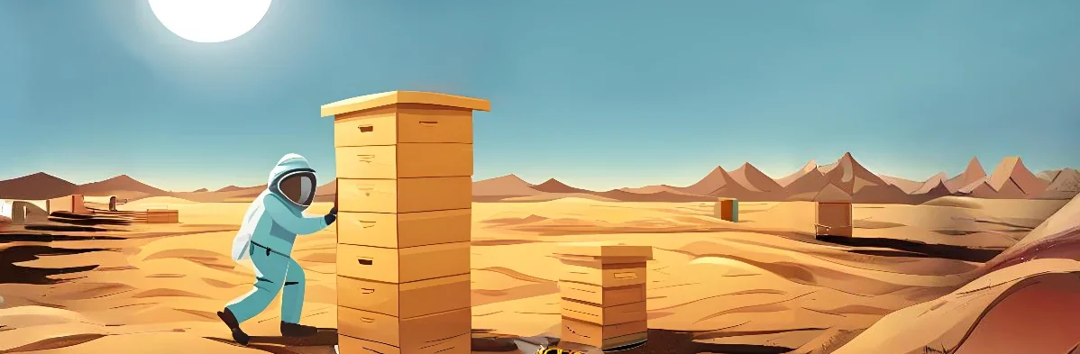 Dessin d'un apiculteur, au milieu du désert, s'occupant de ruches d'abeilles sous le soleil brûlant. Cette vision d'artiste explore un cas extrême du réchauffement du climat sur l'apiculture et les abeilles.